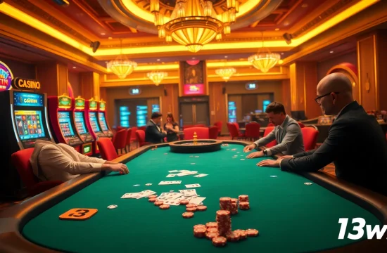 Players enjoying a thrilling game at a 13win casino, showcasing poker chips and vibrant slot machines.