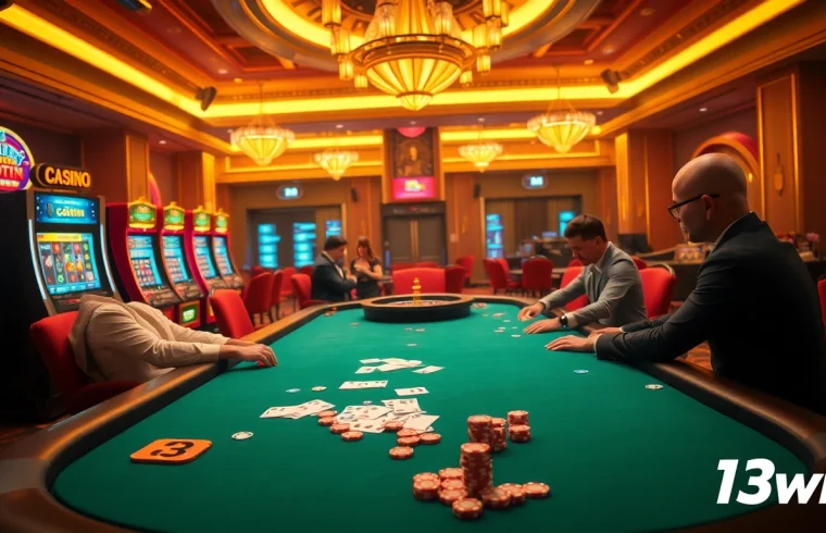 Players enjoying a thrilling game at a 13win casino, showcasing poker chips and vibrant slot machines.