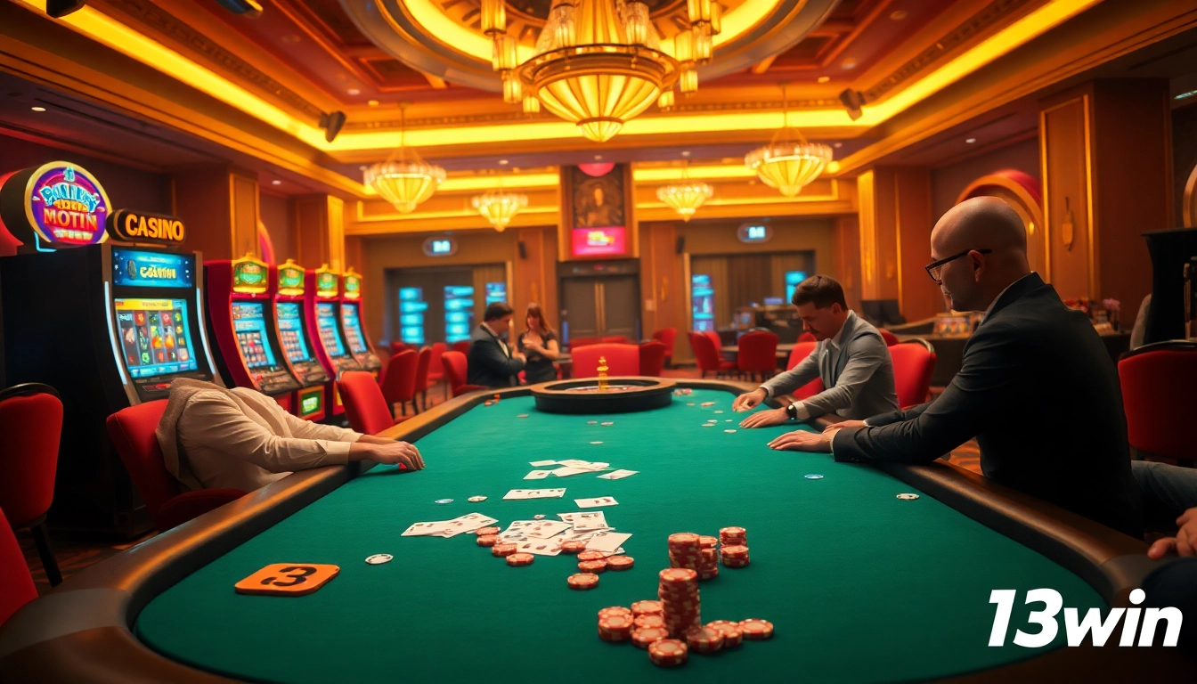 Players enjoying a thrilling game at a 13win casino, showcasing poker chips and vibrant slot machines.