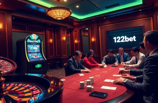 A dynamic online casino atmosphere featuring 123bet with poker players and a luxurious roulette wheel.