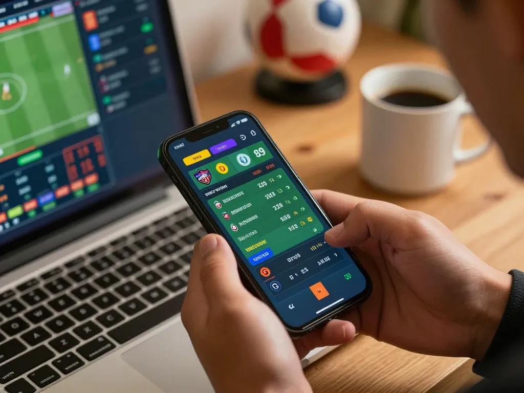 Engaged MK8 user placing sports bets on a smartphone, surrounded by a modern betting setup.