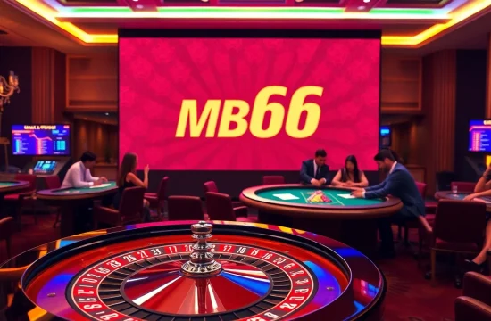 Experience the thrill of MB66 with players enjoying poker and roulette in a luxurious casino setting.