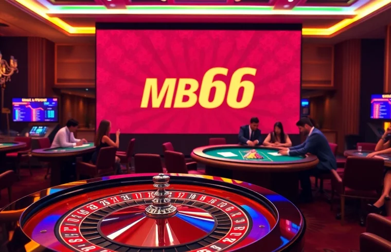 Experience the thrill of MB66 with players enjoying poker and roulette in a luxurious casino setting.