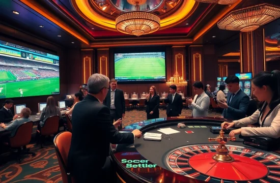 Agen Judi Bola: Engaging gamblers in a luxurious casino atmosphere with live soccer betting excitement.