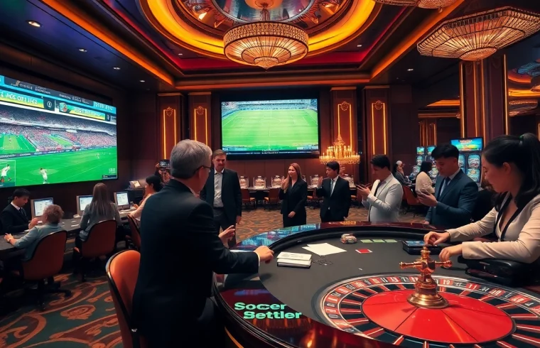Agen Judi Bola: Engaging gamblers in a luxurious casino atmosphere with live soccer betting excitement.