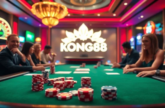 KONG88 logo shines over high-stakes poker action, showcasing excitement in casino gaming.