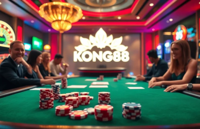 KONG88 logo shines over high-stakes poker action, showcasing excitement in casino gaming.