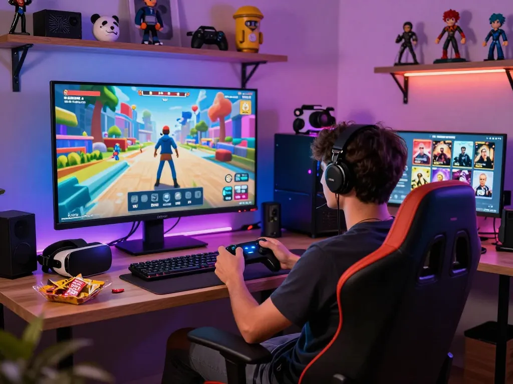 Engaged player enjoying porngames in a colorful gaming room