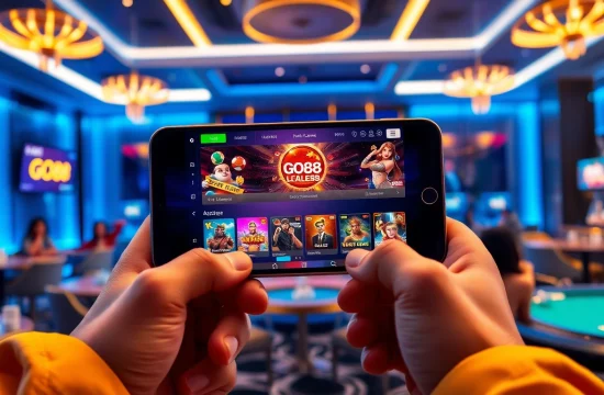 Experience GO88 gaming platform on a smartphone, showcasing diverse games in a modern lounge setting.