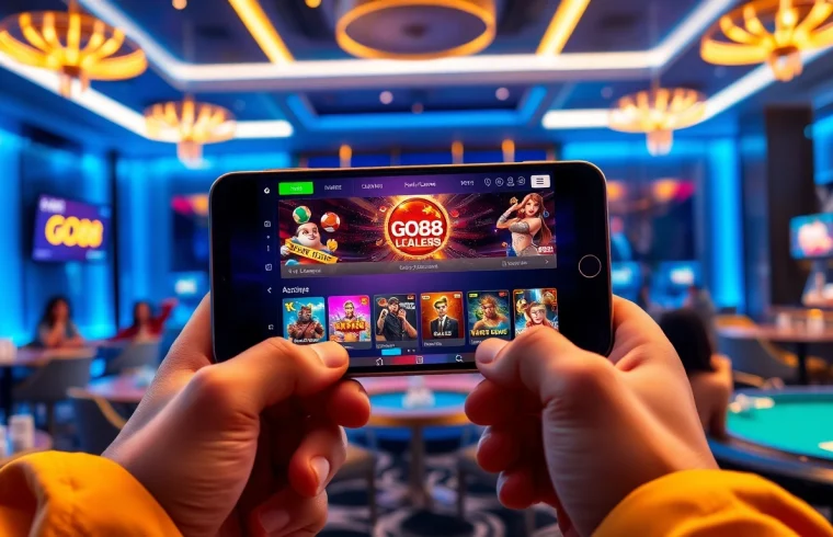 Experience GO88 gaming platform on a smartphone, showcasing diverse games in a modern lounge setting.