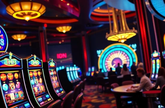 Engaging players enjoying idn slot machines in a vibrant casino with neon lights.