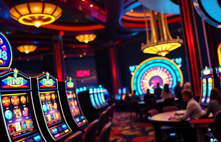 Engaging players enjoying idn slot machines in a vibrant casino with neon lights.