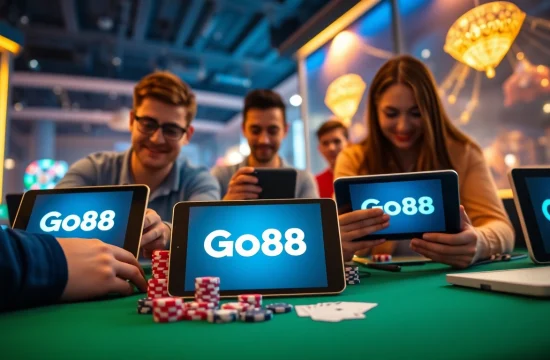 Players enjoying online games at go88.bio, surrounded by gaming elements like chips and cards.