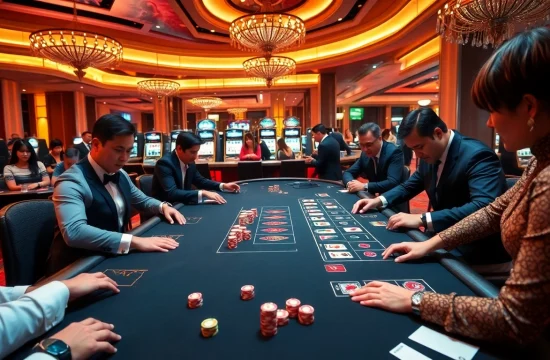 Experience thrilling gambling at NA777 with engaging dealers, cards, and vibrant casino elements.