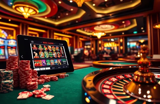 Engaging casino scene displaying strategic betting on Nhà cái uy tín with poker chips and roulette wheel