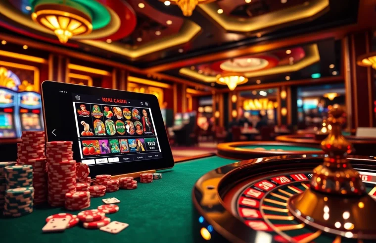 Engaging casino scene displaying strategic betting on Nhà cái uy tín with poker chips and roulette wheel