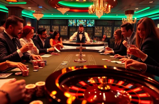 SODO casino scene with vibrant gaming table, poker chips, and roulette wheel, capturing excitement and luxury.