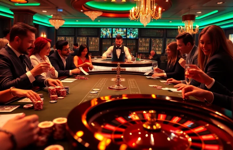 SODO casino scene with vibrant gaming table, poker chips, and roulette wheel, capturing excitement and luxury.