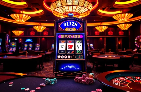 BRO138 slot machine in a vibrant casino setting, inviting gamblers to enjoy exciting gameplay.