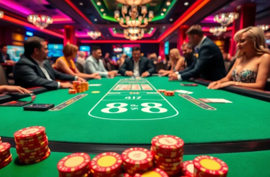 bermain poker88 di meja kasino yang meriah dengan chip warna-warni dan suasana penuh energi.