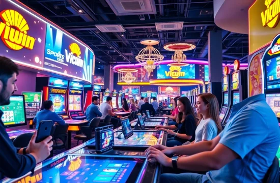 Players engaging in a vibrant casino setting at vicwin, showcasing online gaming excitement and technology.