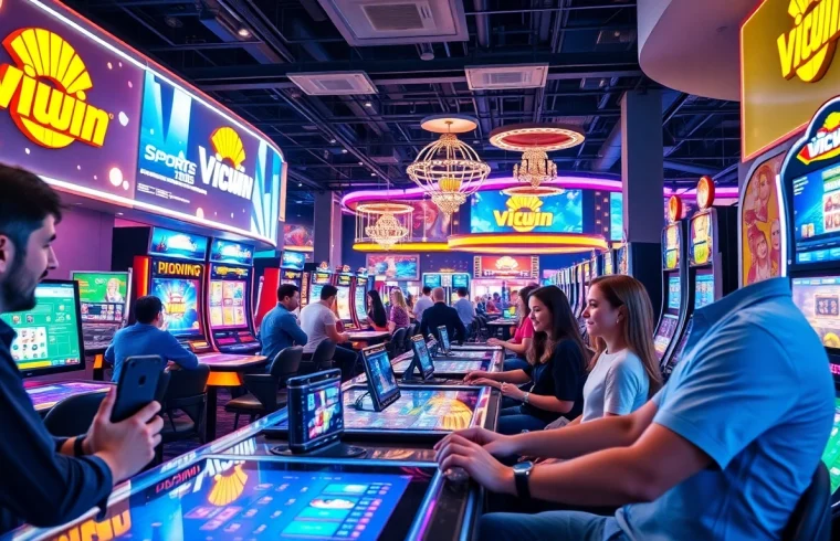 Players engaging in a vibrant casino setting at vicwin, showcasing online gaming excitement and technology.