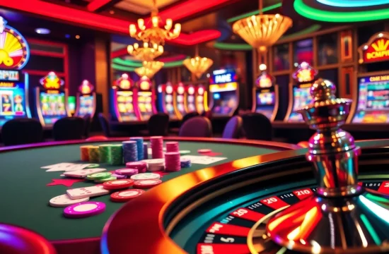 Experience thrilling gameplay at bem88 with vibrant poker tables, chips, and a spinning roulette wheel.