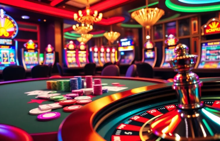 Experience thrilling gameplay at bem88 with vibrant poker tables, chips, and a spinning roulette wheel.
