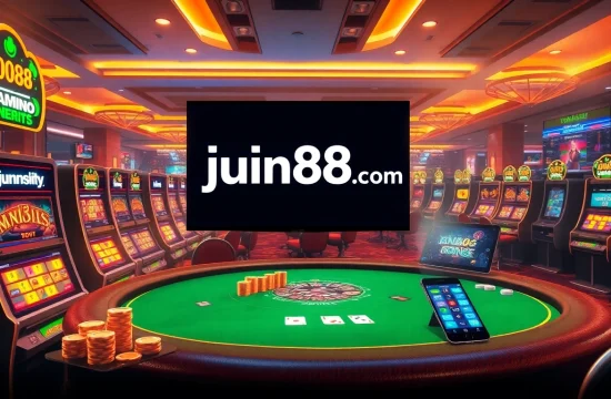 Engaging scene of online gambling at jun88site.com with vibrant casino elements and gaming excitement.