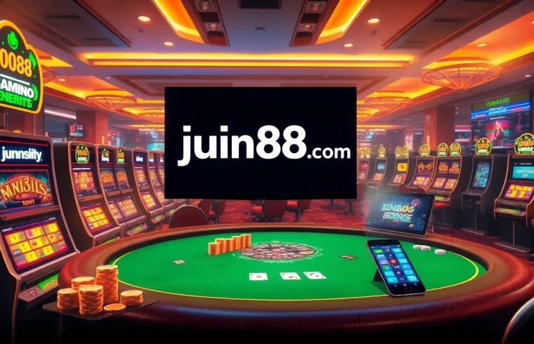 Engaging scene of online gambling at jun88site.com with vibrant casino elements and gaming excitement.