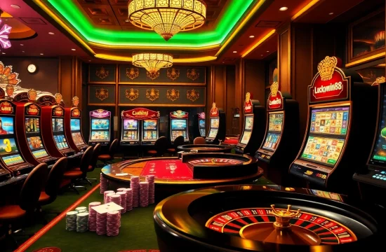 Action-packed Luckywin88 online casino scene showcasing vibrant gambling elements like slot machines and poker chips.