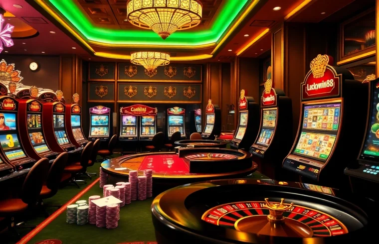 Action-packed Luckywin88 online casino scene showcasing vibrant gambling elements like slot machines and poker chips.