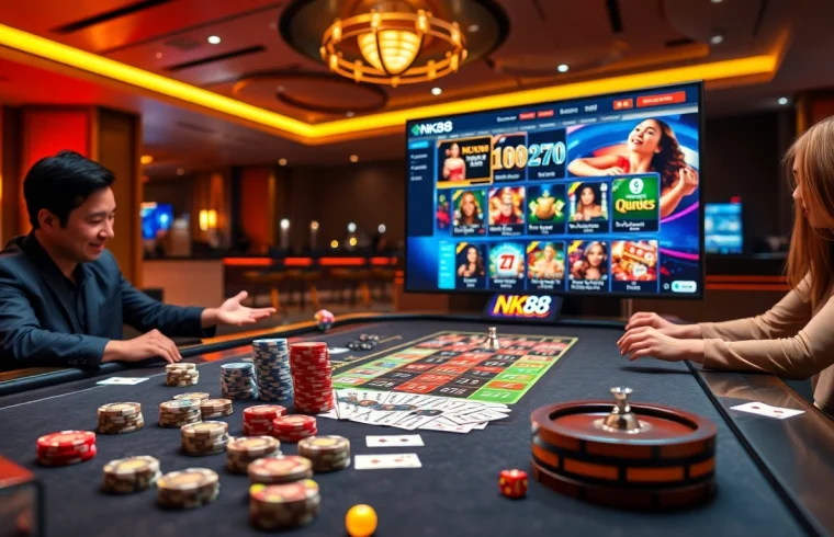 Engage with an exciting casino scene showcasing the Trang chủ NK88 platform filled with vibrant cards, chips, and games.