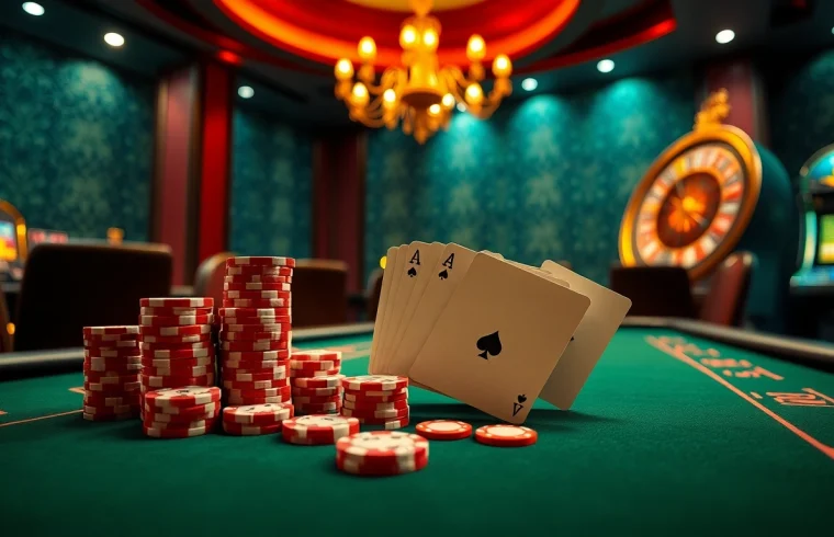 Experience the thrill of MM OO gaming at a luxurious casino table, complete with poker chips and cards.