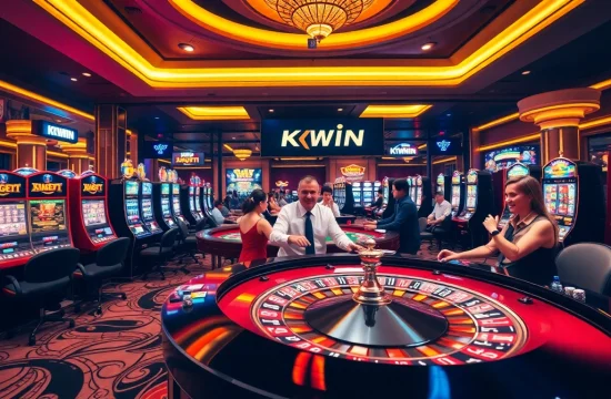 Players enjoying a winning moment at KKWIN, surrounded by vibrant casino atmosphere and slot machines.