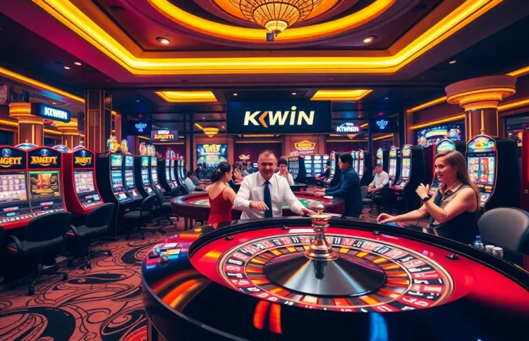 Players enjoying a winning moment at KKWIN, surrounded by vibrant casino atmosphere and slot machines.