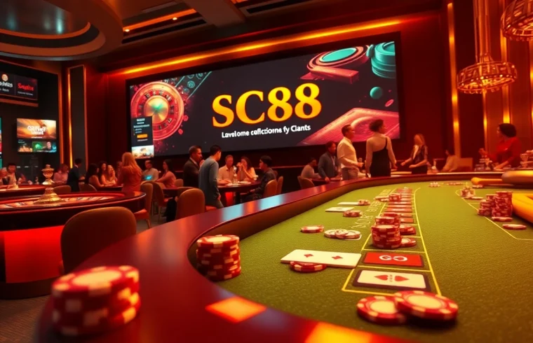 Engage with SC88's exciting casino experience featuring vibrant casino tables and roulette wheels.