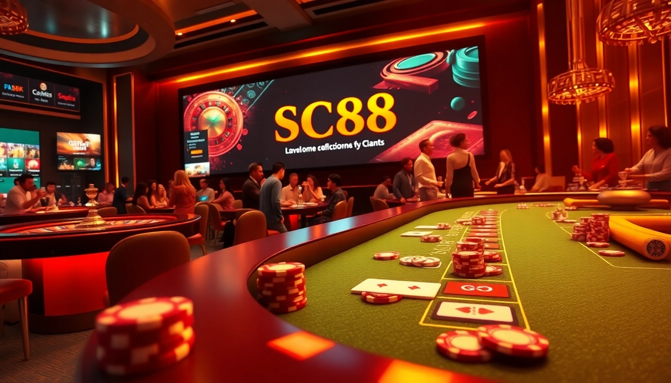 Engage with SC88's exciting casino experience featuring vibrant casino tables and roulette wheels.