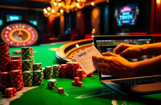 Exciting gambling at 78WIN Casino with vibrant poker chips and a spinning roulette wheel.