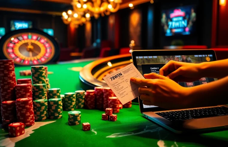 Exciting gambling at 78WIN Casino with vibrant poker chips and a spinning roulette wheel.