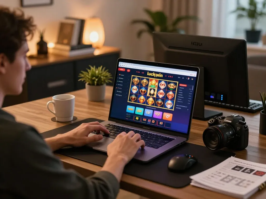 Engaging with luckywin online casino options on a modern laptop with tips nearby