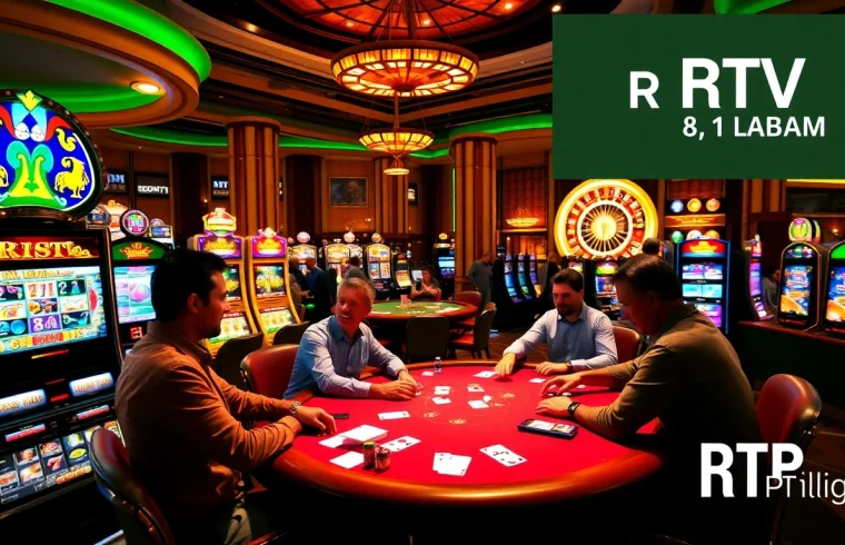 Experience the excitement of RTP Live in a luxurious casino setting with players at vibrant tables and slot machines.