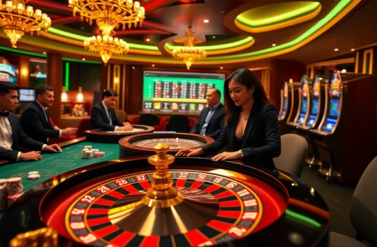 Players enjoying games at a vibrant casino while betting on 99ok platforms, showcasing excitement and professionalism.