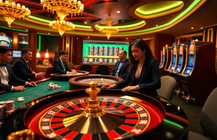 Players enjoying games at a vibrant casino while betting on 99ok platforms, showcasing excitement and professionalism.