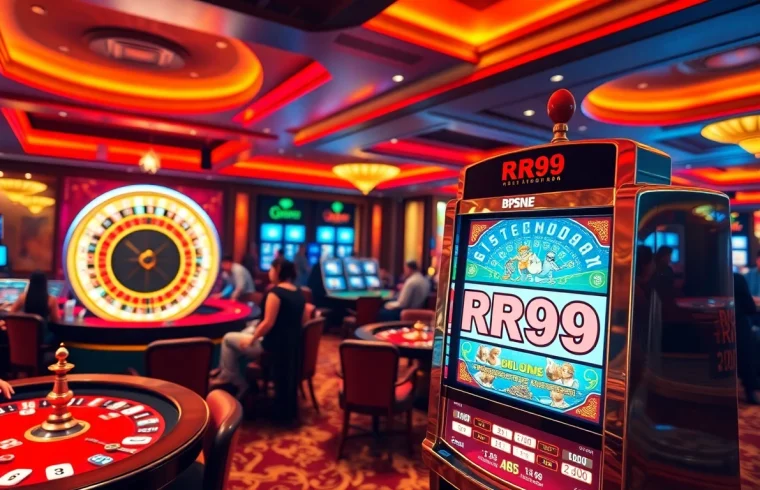 Players enjoying the thrill of casino gaming with RR99 prominently featured on a slot machine.
