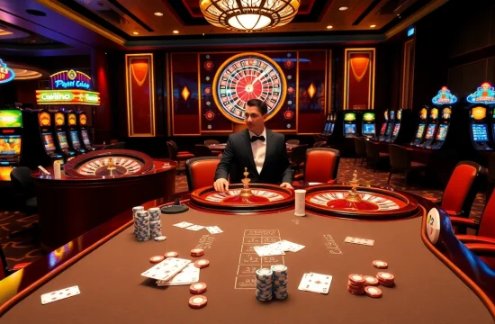 Agen Judi Bola action at a luxury casino showcasing poker and betting excitement.