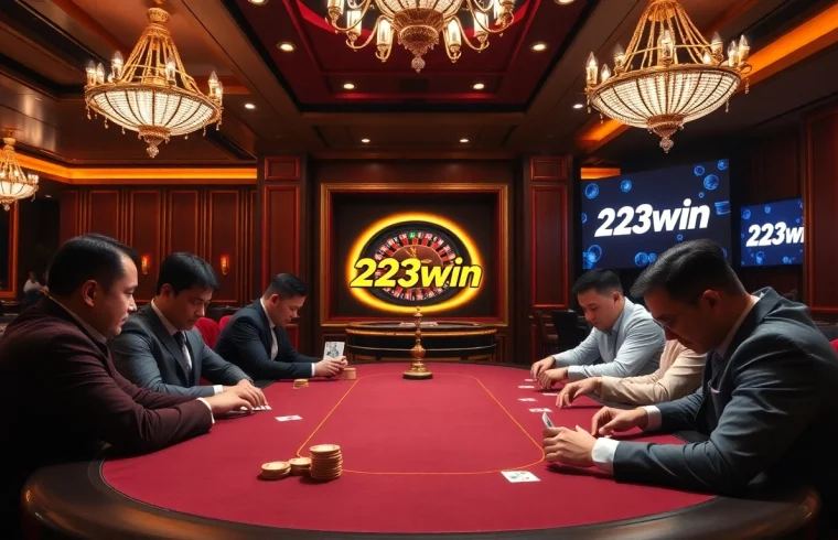 Experience 23win's thrilling casino action with poker chips and roulette in a luxurious setting.