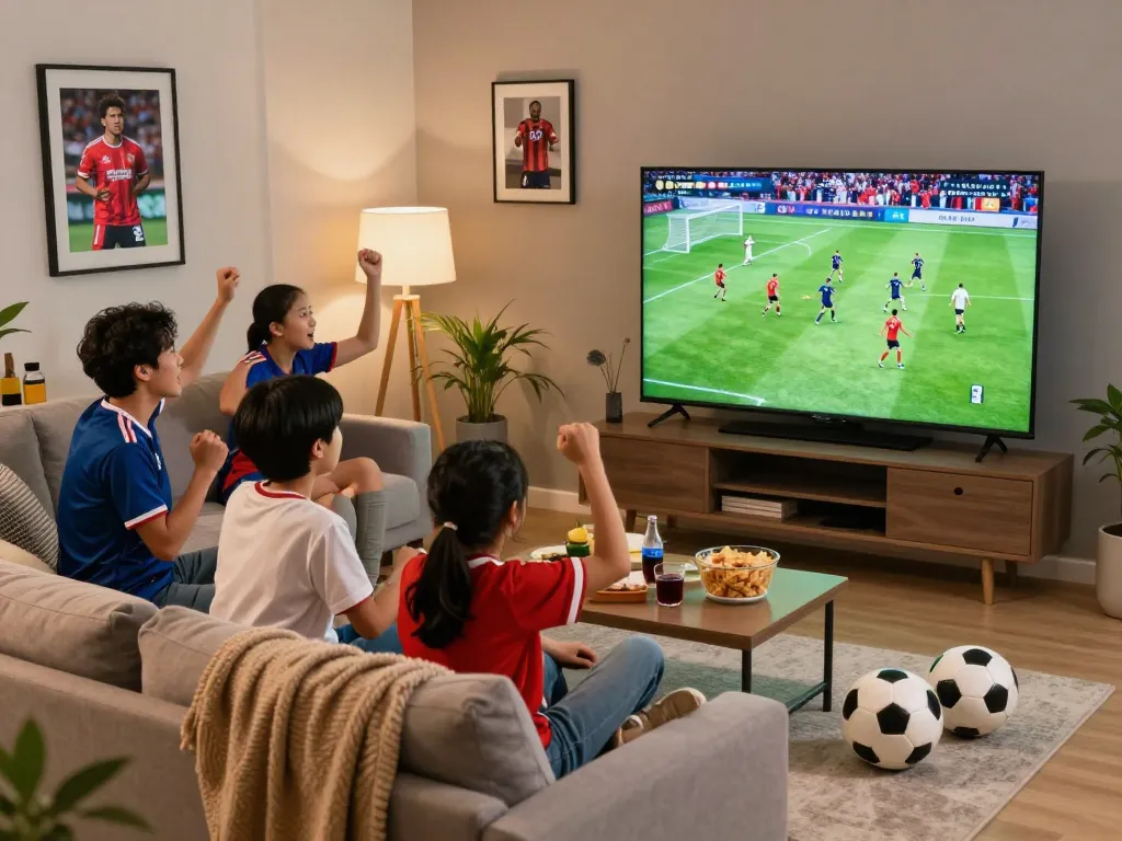 Fans enjoying a live match broadcast on Lương Sơn TV in a cozy living room.