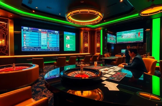 Agen Judi Bola scene featuring live football scores, betting slips, and poker chips.