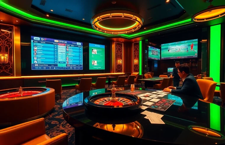 Agen Judi Bola scene featuring live football scores, betting slips, and poker chips.